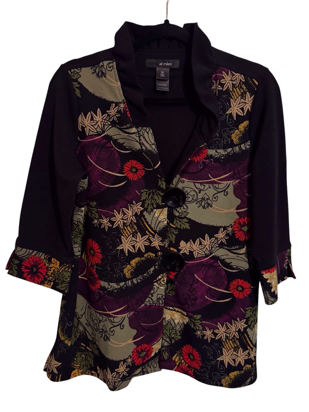 Ali Miles Size Petite Medium Floral Two Button Closure Top Artsy Stretch Flowers